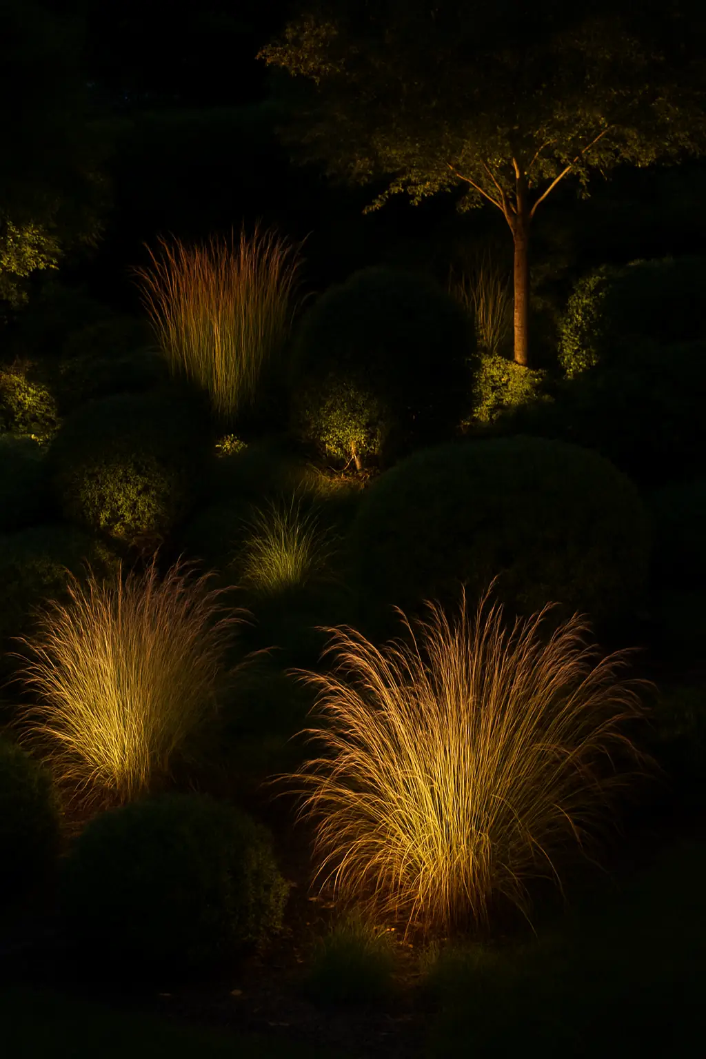 Garden plants softly backlit to create depth and dramatic shadows