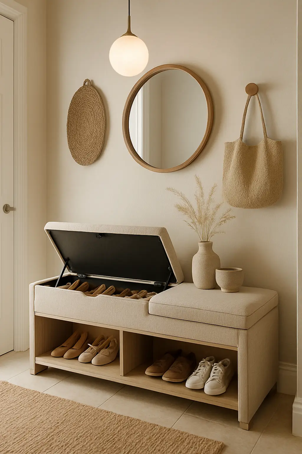 Small hallway with storage bench and organized entryway
