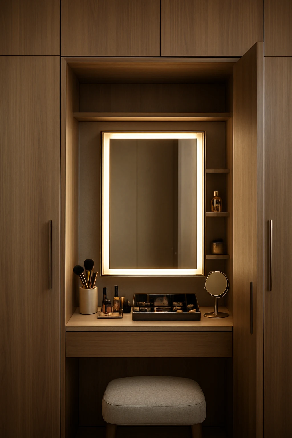 Small wardrobe with built-in vanity and mirror