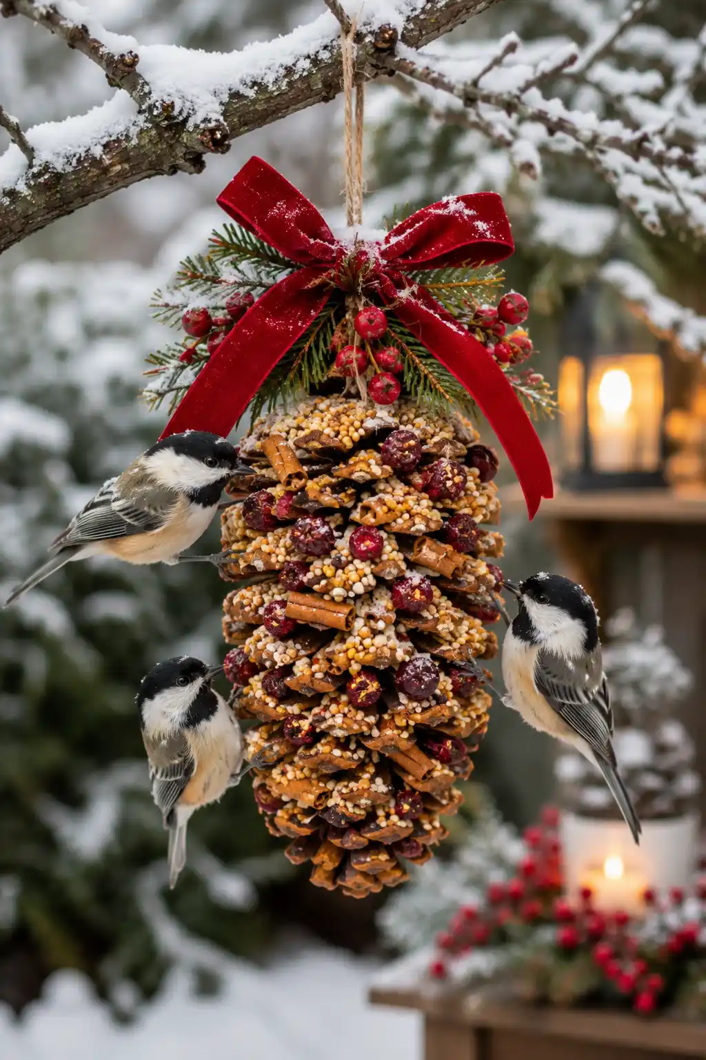 Festive pine cone feeder decorated with cranberries and red ribbon