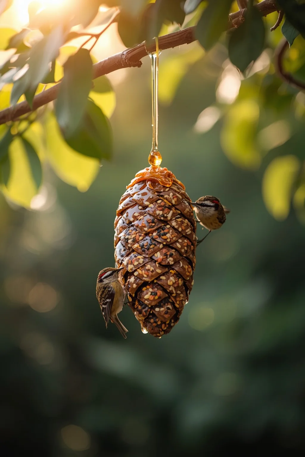 Pine cone feeder coated with honey and birdseed hanging outdoors