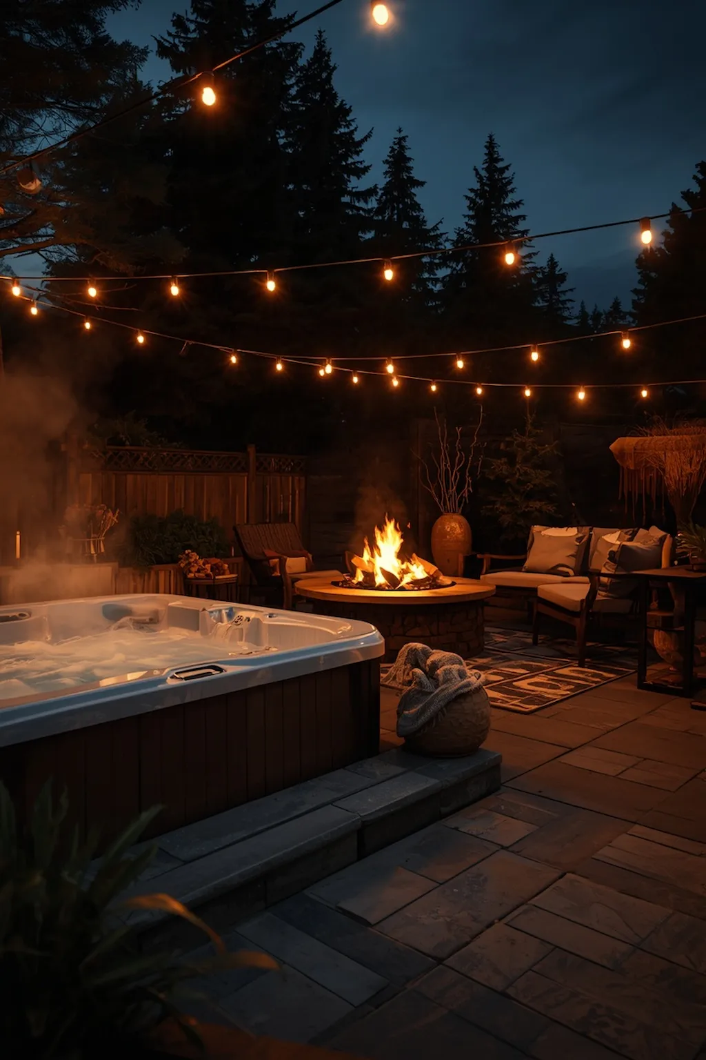 Cozy backyard with hot tub and fire pit at night