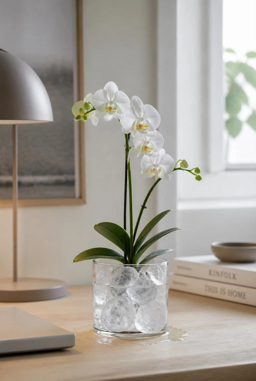 Ice cubes being used to water a small indoor orchid plant