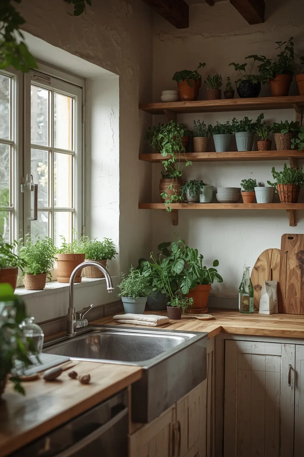 Rustic kitchen with fresh herbs and indoor plants