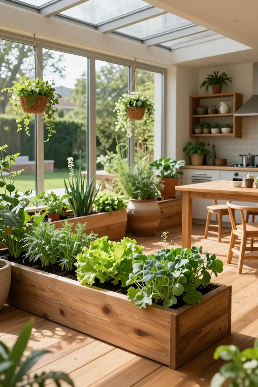 Sunroom vegetable garden blending indoor and outdoor plants