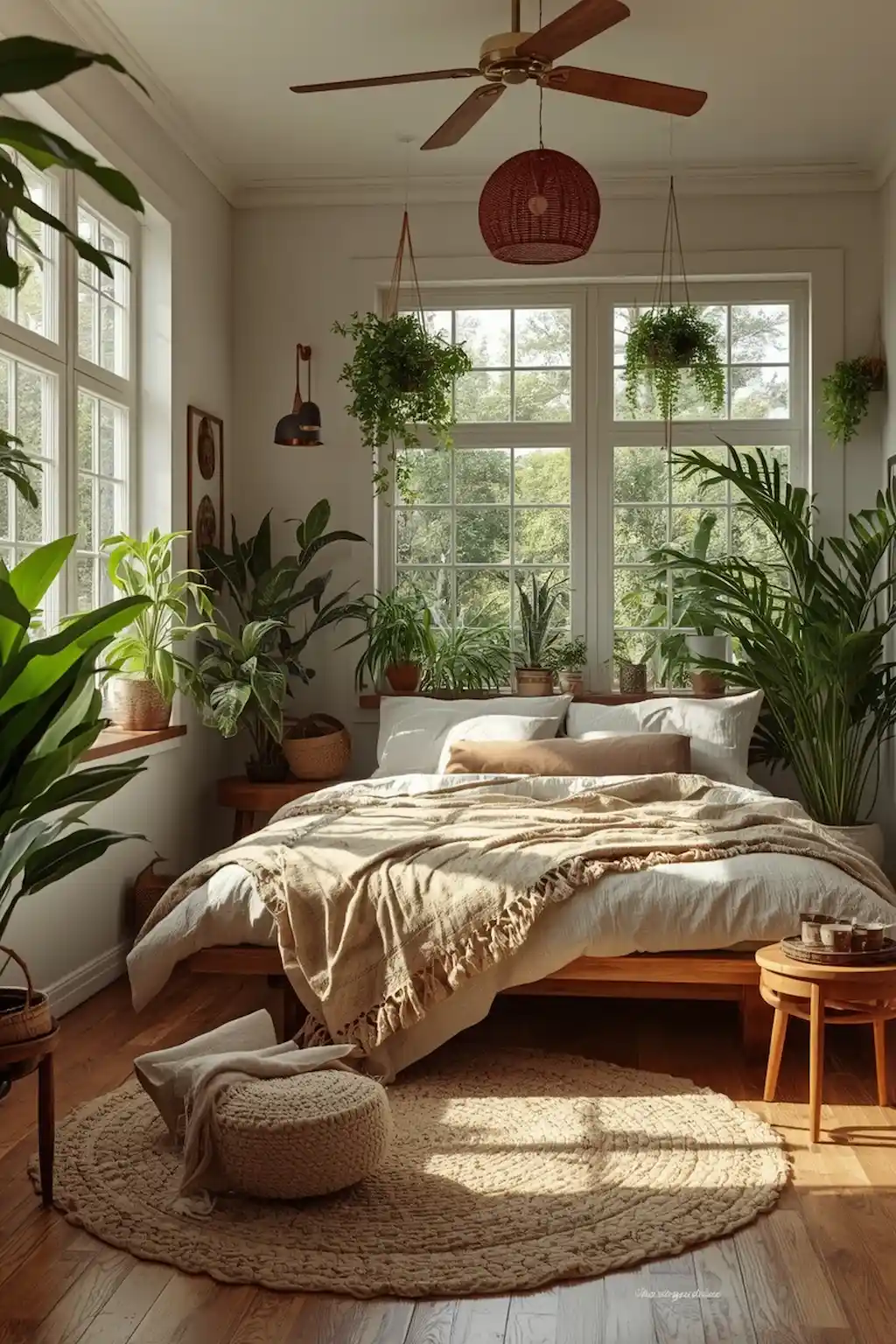 Cozy small bedroom decorated with indoor plants and warm wooden furniture