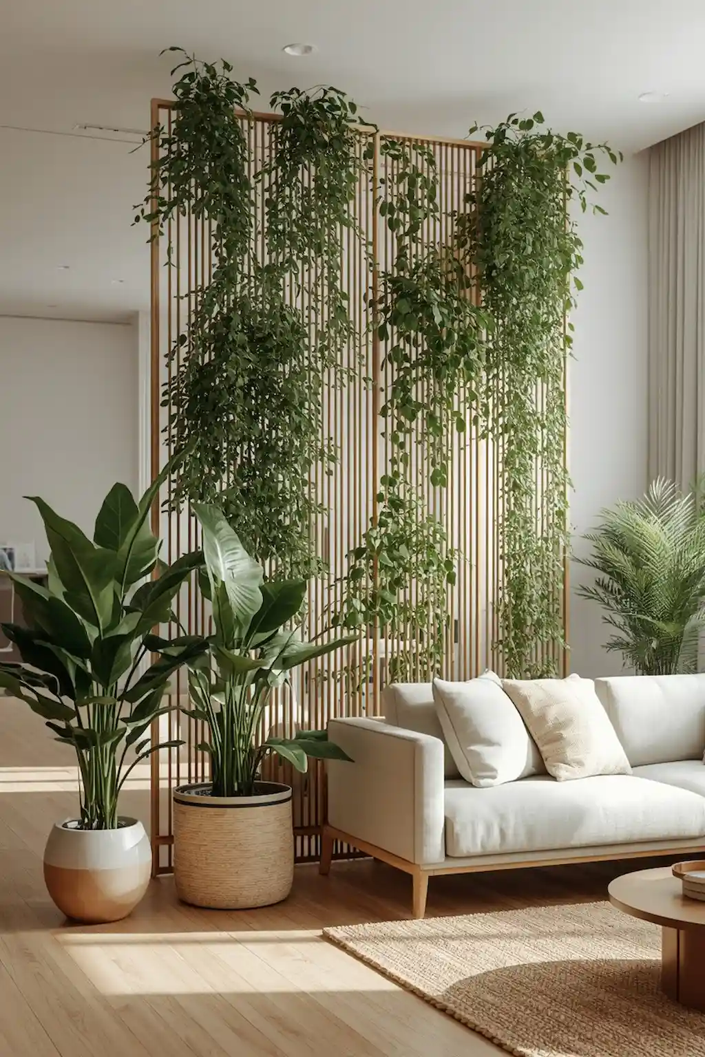 open living room with tall indoor plants used as room divider