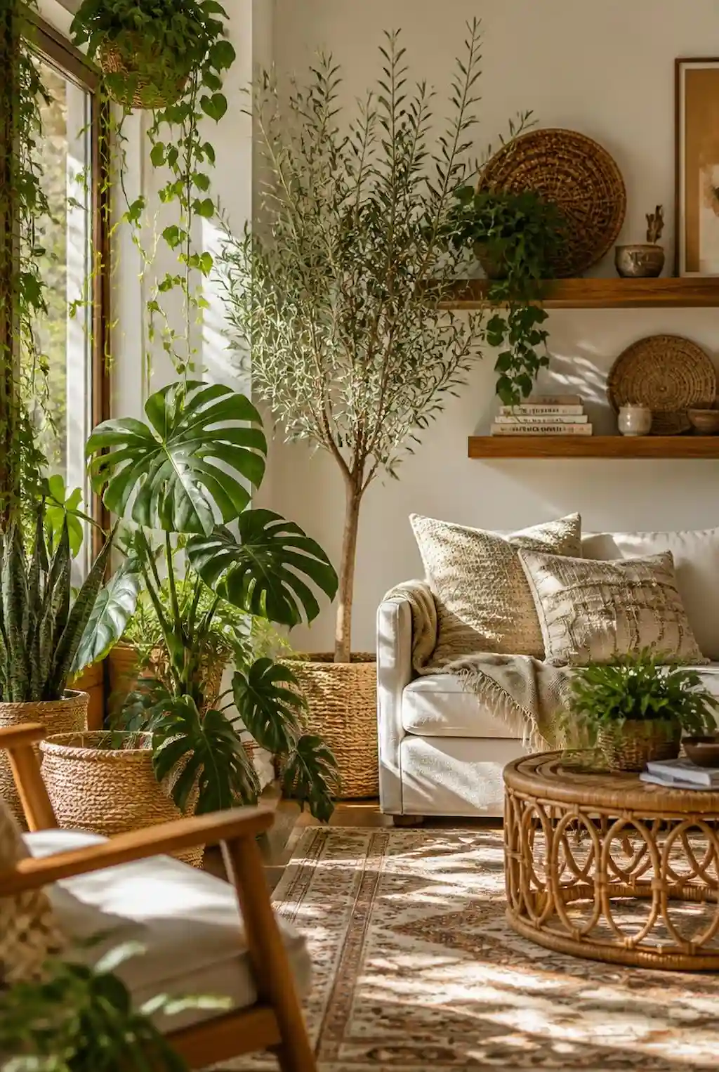 Boho living room filled with lush indoor plants and earthy decor