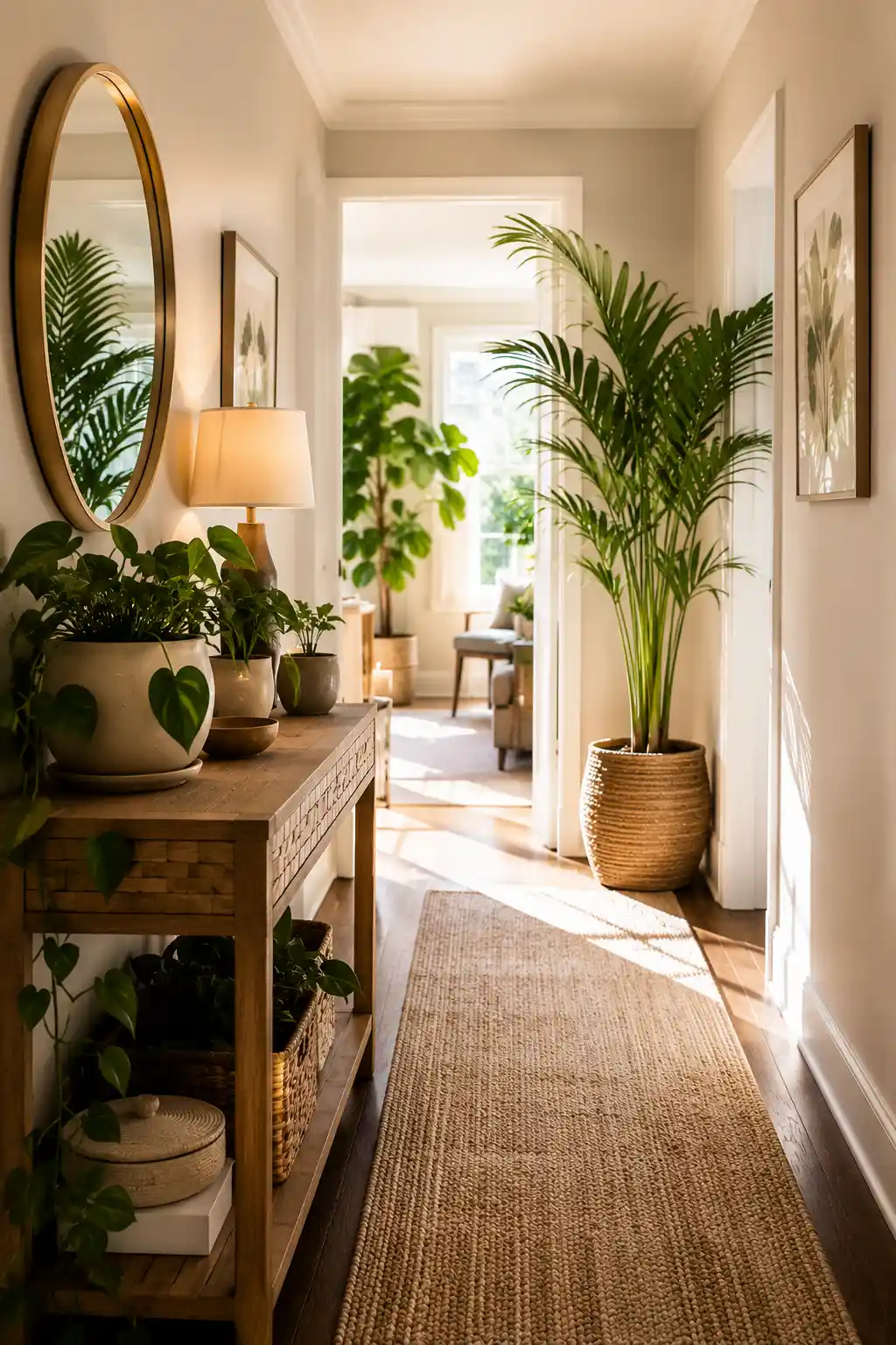 Hallway decorated with indoor plants and natural greenery