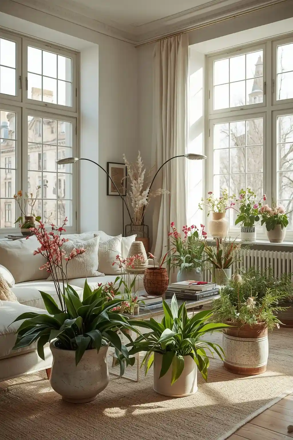 Bright indoor spring planters with flowers and modern decor