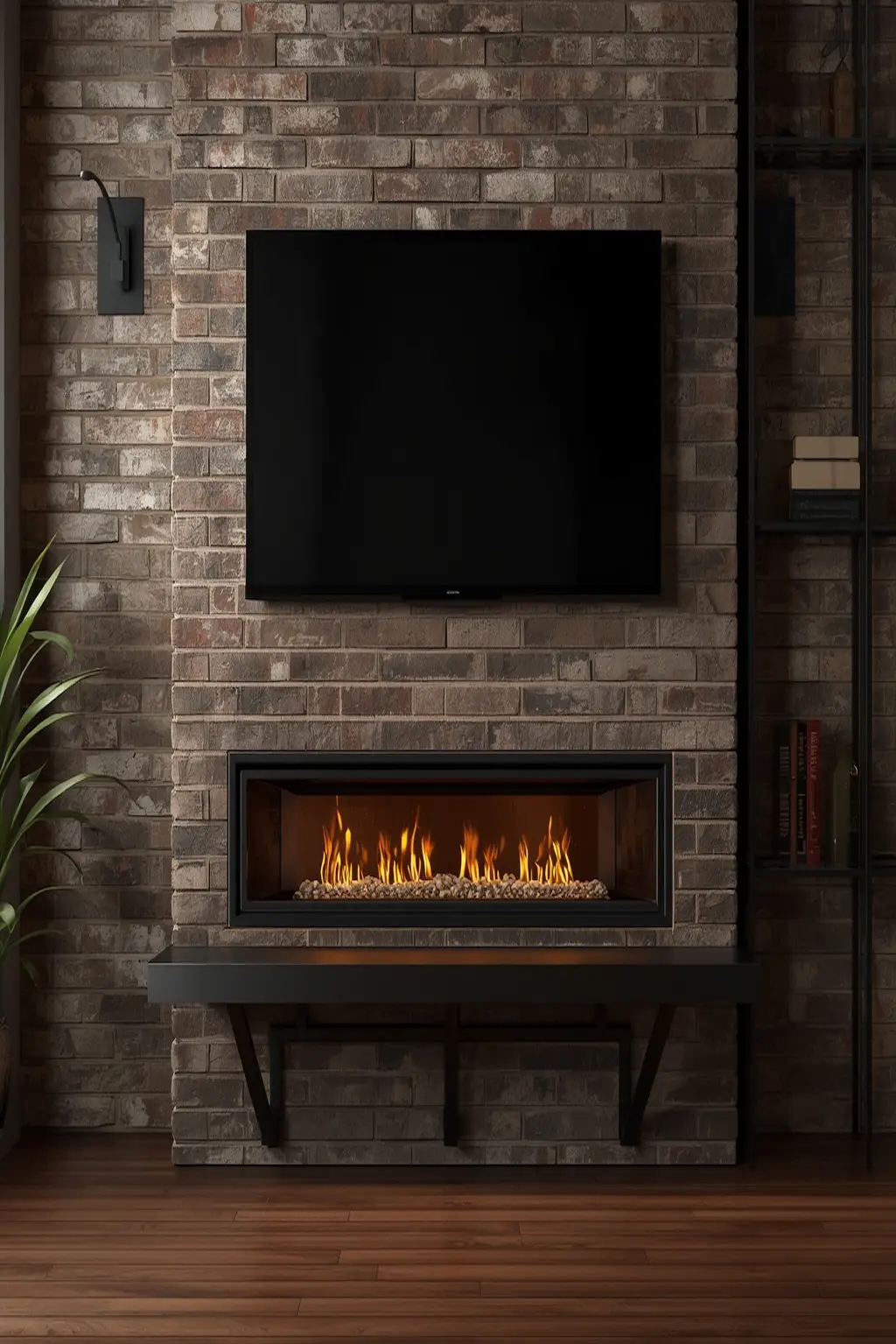 Industrial living room with electric fireplace, TV, exposed brick, and metal accents