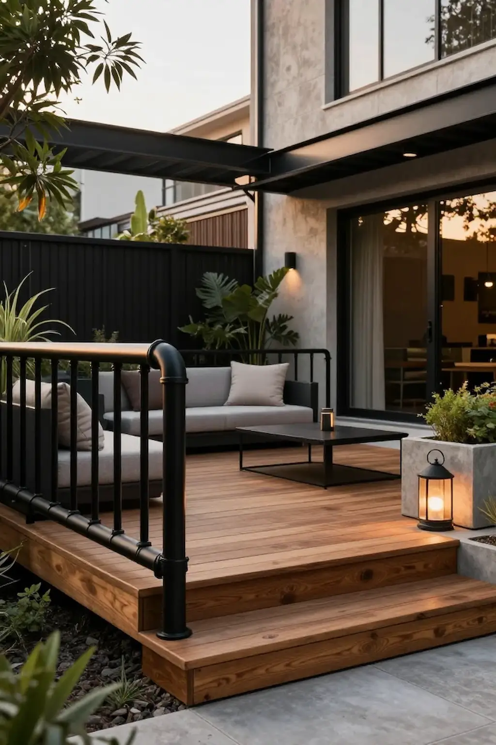 Modern industrial deck with black pipe railings