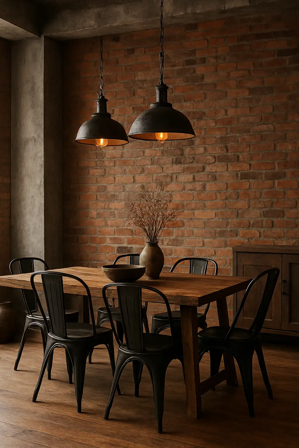Rustic industrial dining room with exposed brick walls, reclaimed wood furniture, and vintage pendant lights