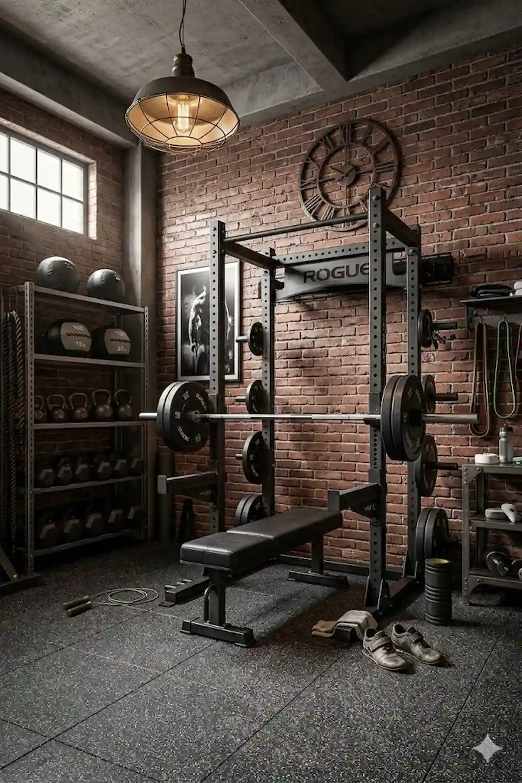 Industrial garage gym with heavy workout equipment and modern dark decor