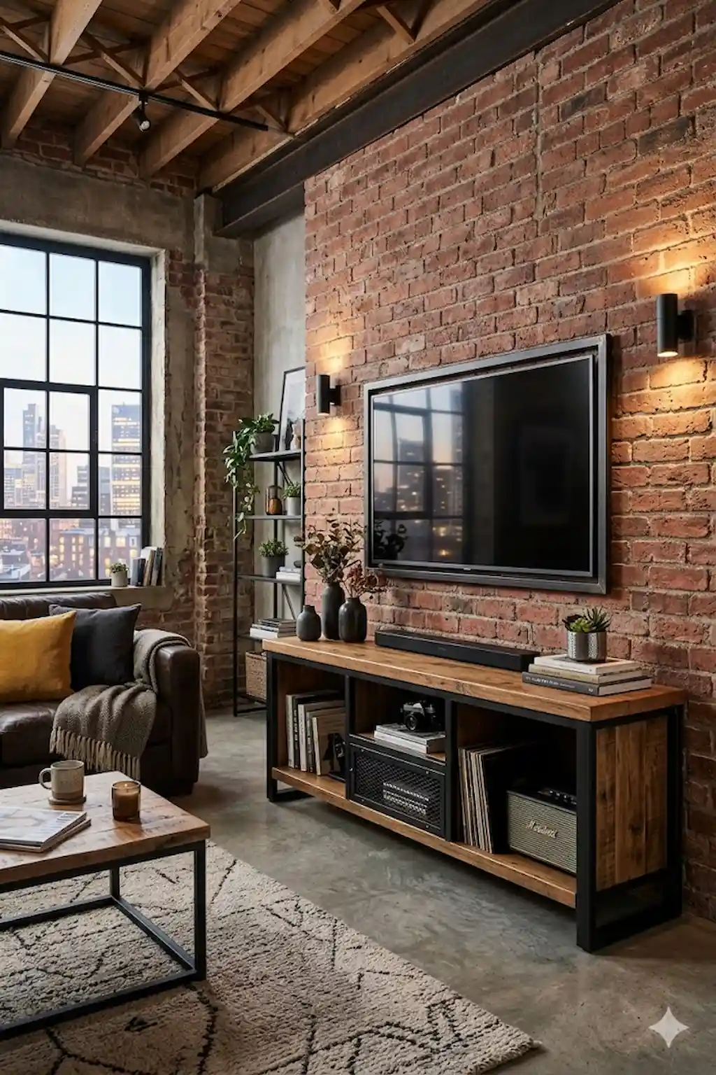 Industrial TV cabinet with wood shelves and black metal frame