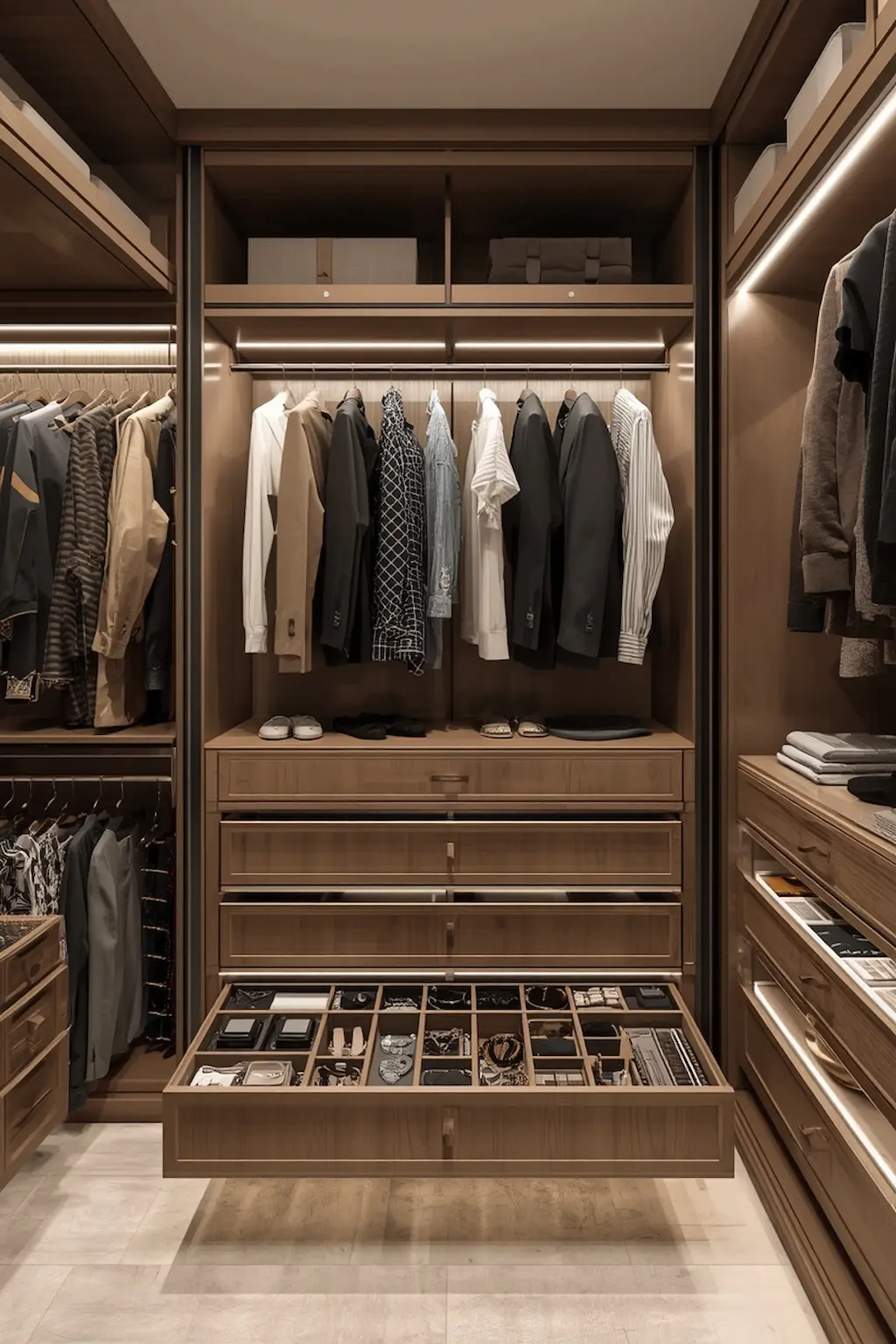 Wardrobe interior with built-in drawer organizers