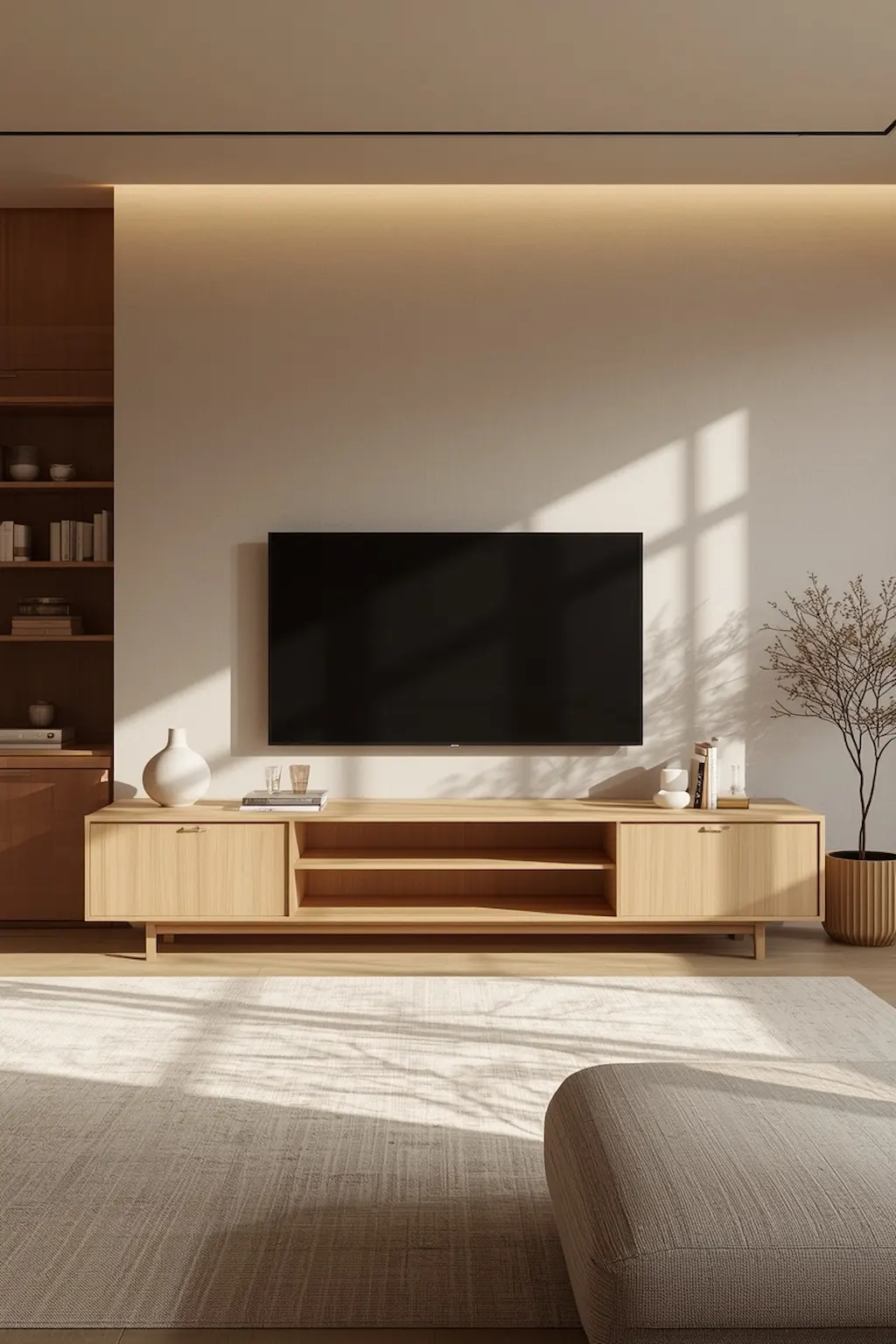 Japandi TV cabinet with light wood tones and minimalist décor