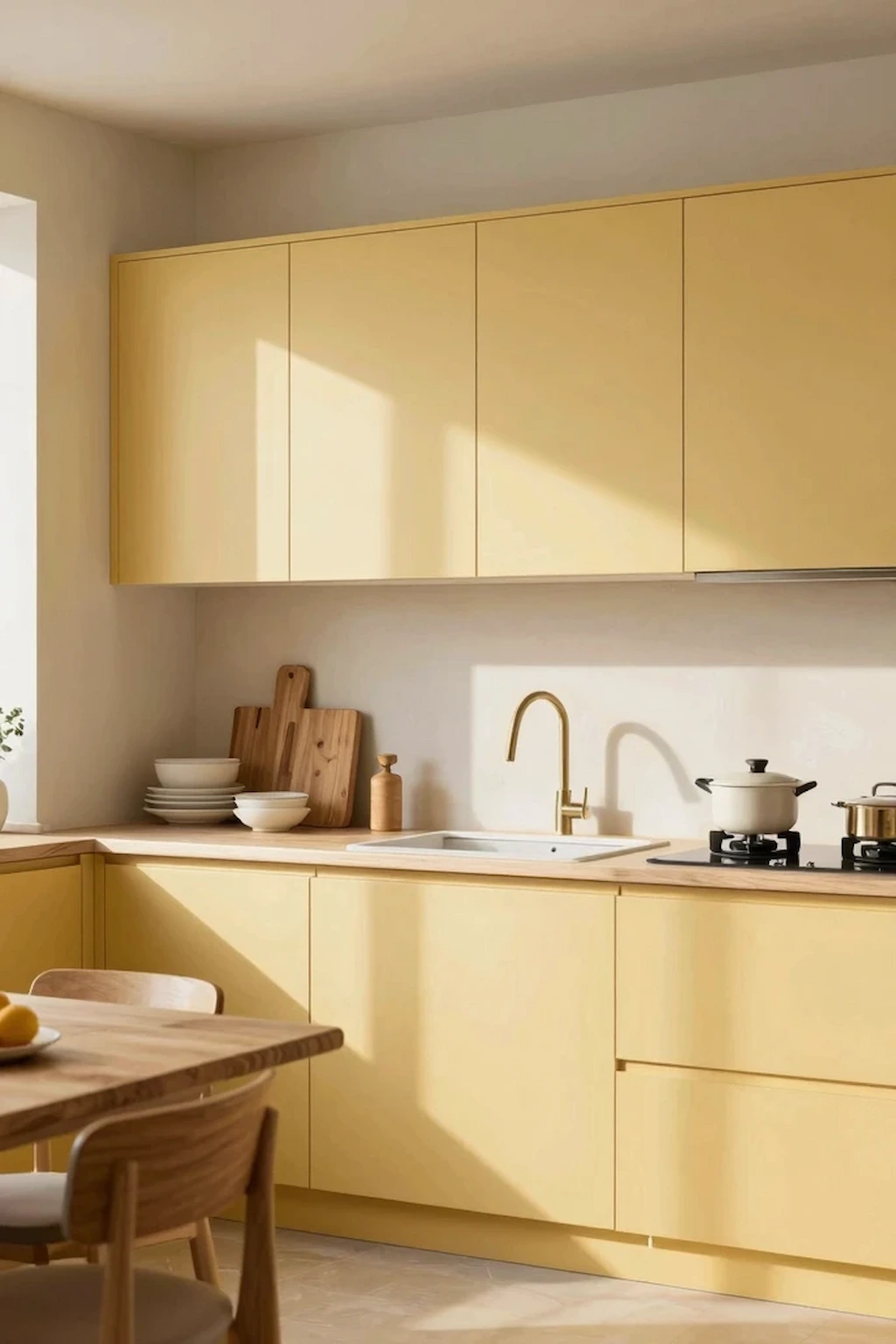Japandi-style kitchen with soft yellow cabinets, natural wood, and minimalist design