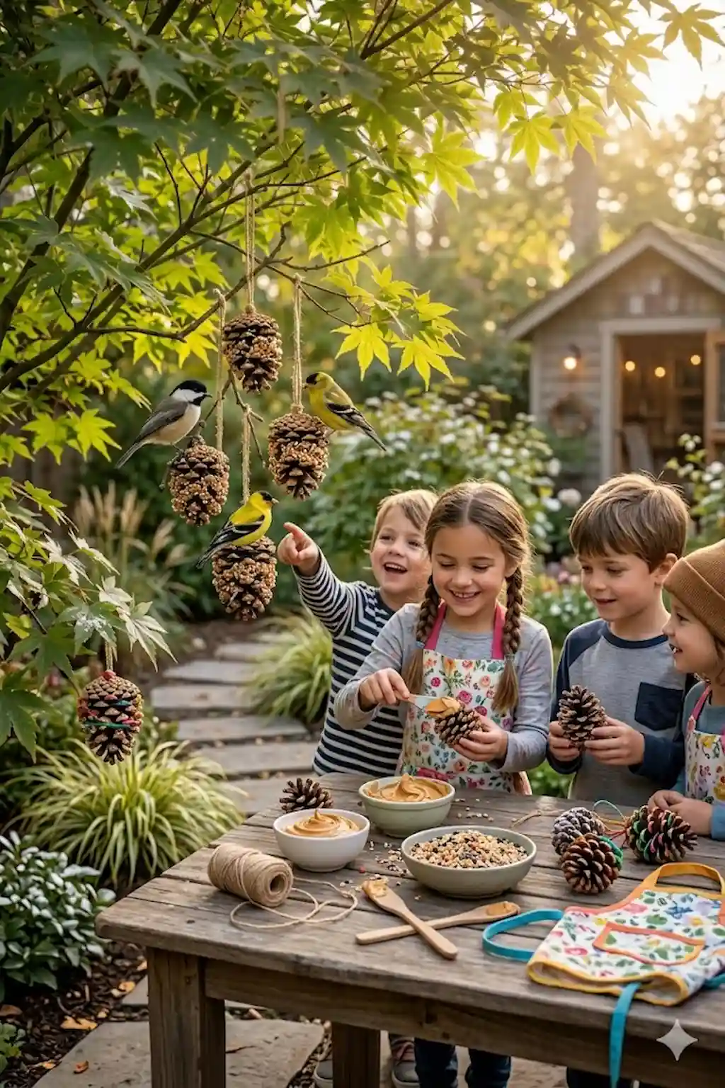 Children making pine cone bird feeders in a garden setting