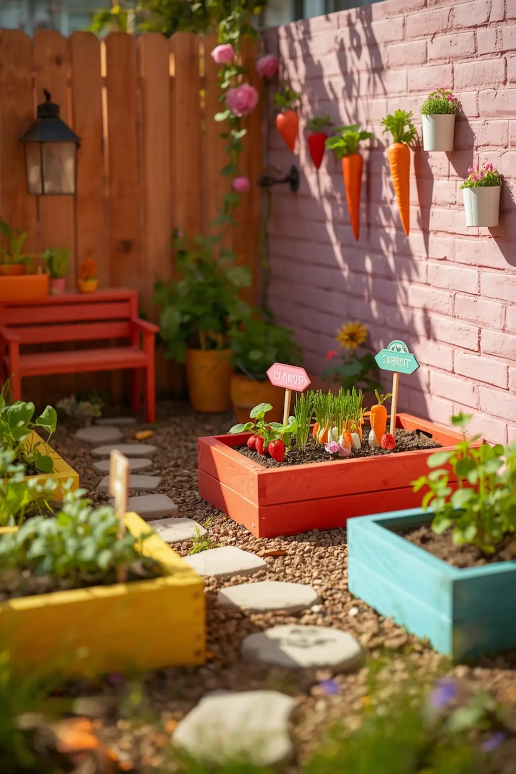 Fun children’s vegetable garden corner with colorful planters