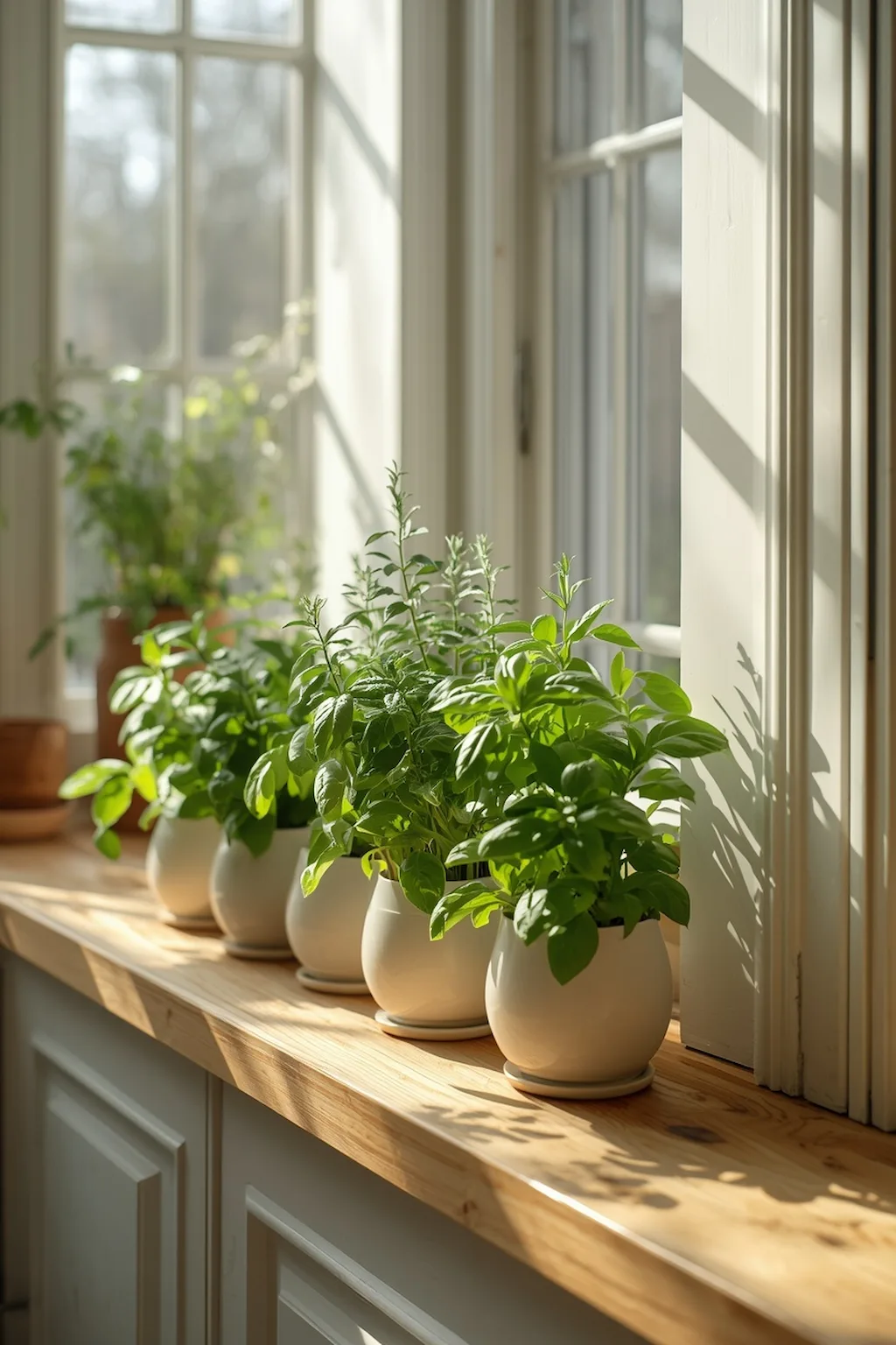 Kitchen windowsill with herb planters and spring greenery
