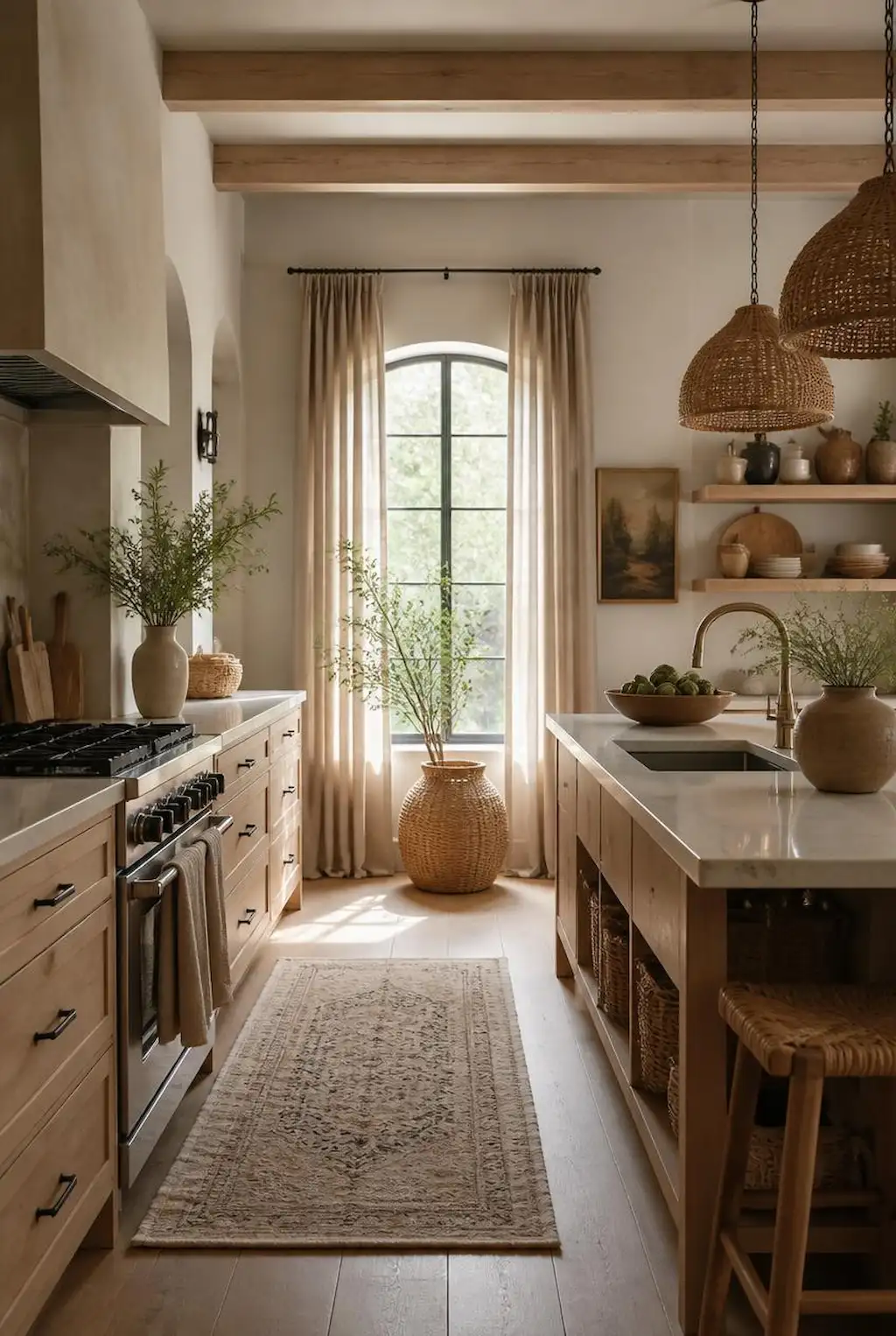 Kitchen with natural fabrics and warm organic textures