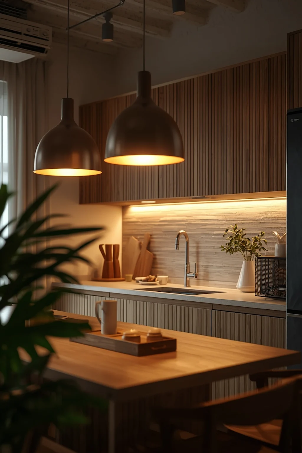 Kitchen with warm lighting creating a cozy organic atmosphere