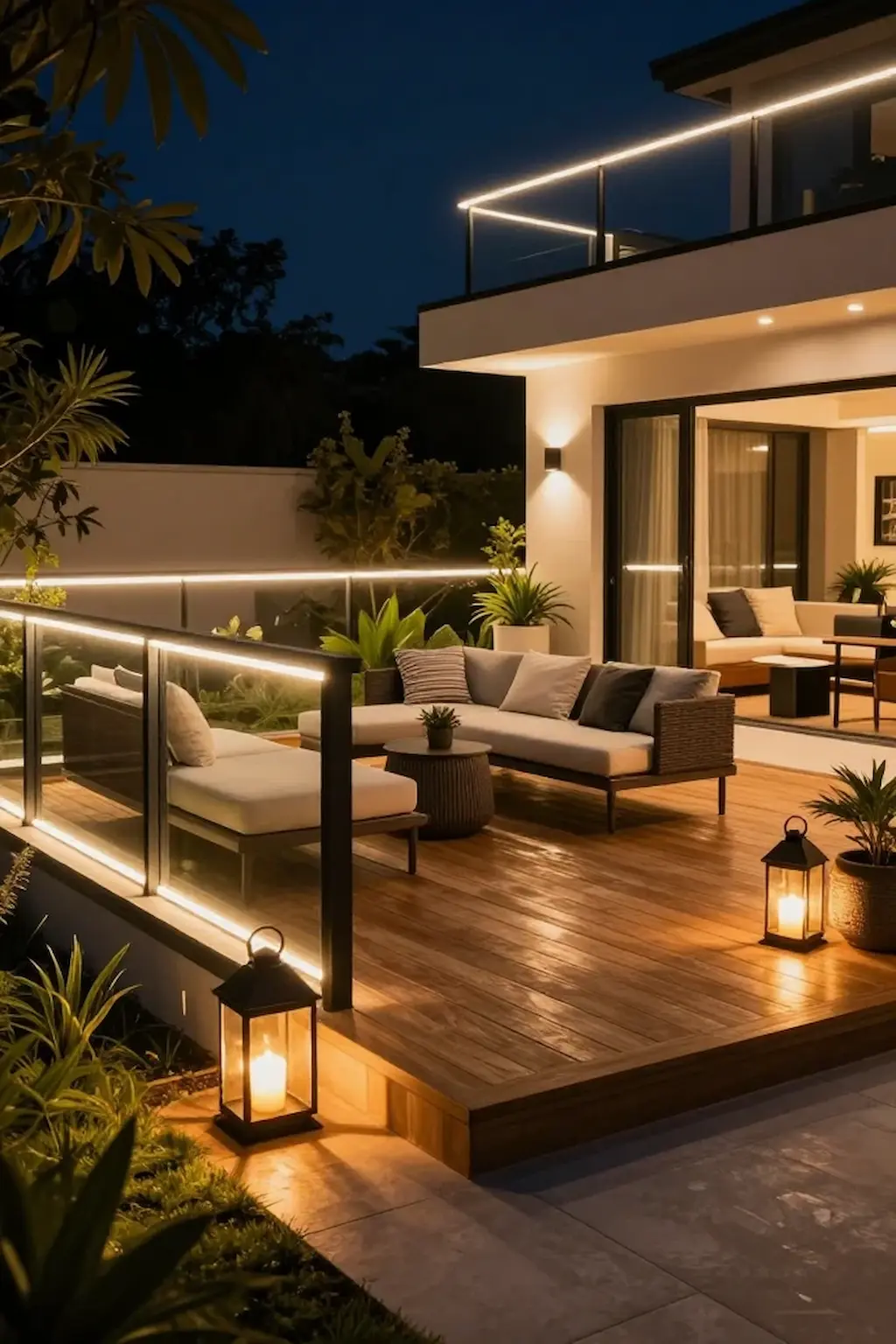 Modern outdoor deck with glowing LED railing lights