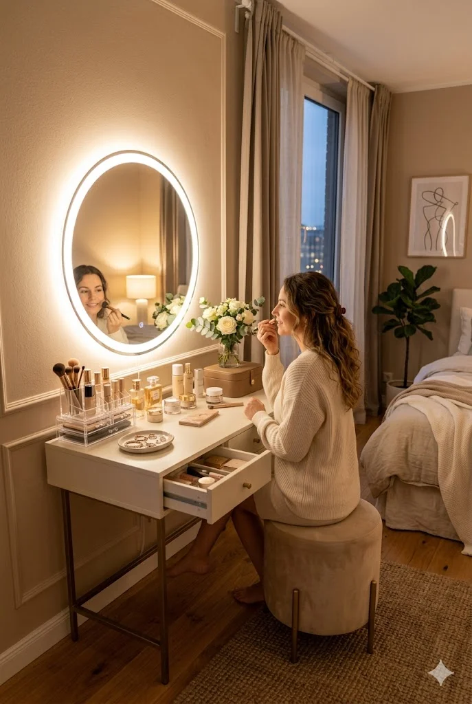 Modern vanity with LED mirror and soft lighting