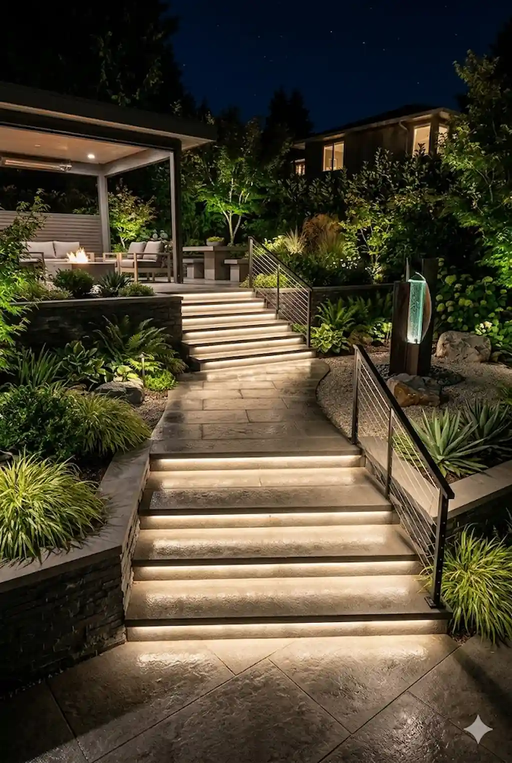 Modern outdoor stairs featuring LED strip lighting beneath each step
