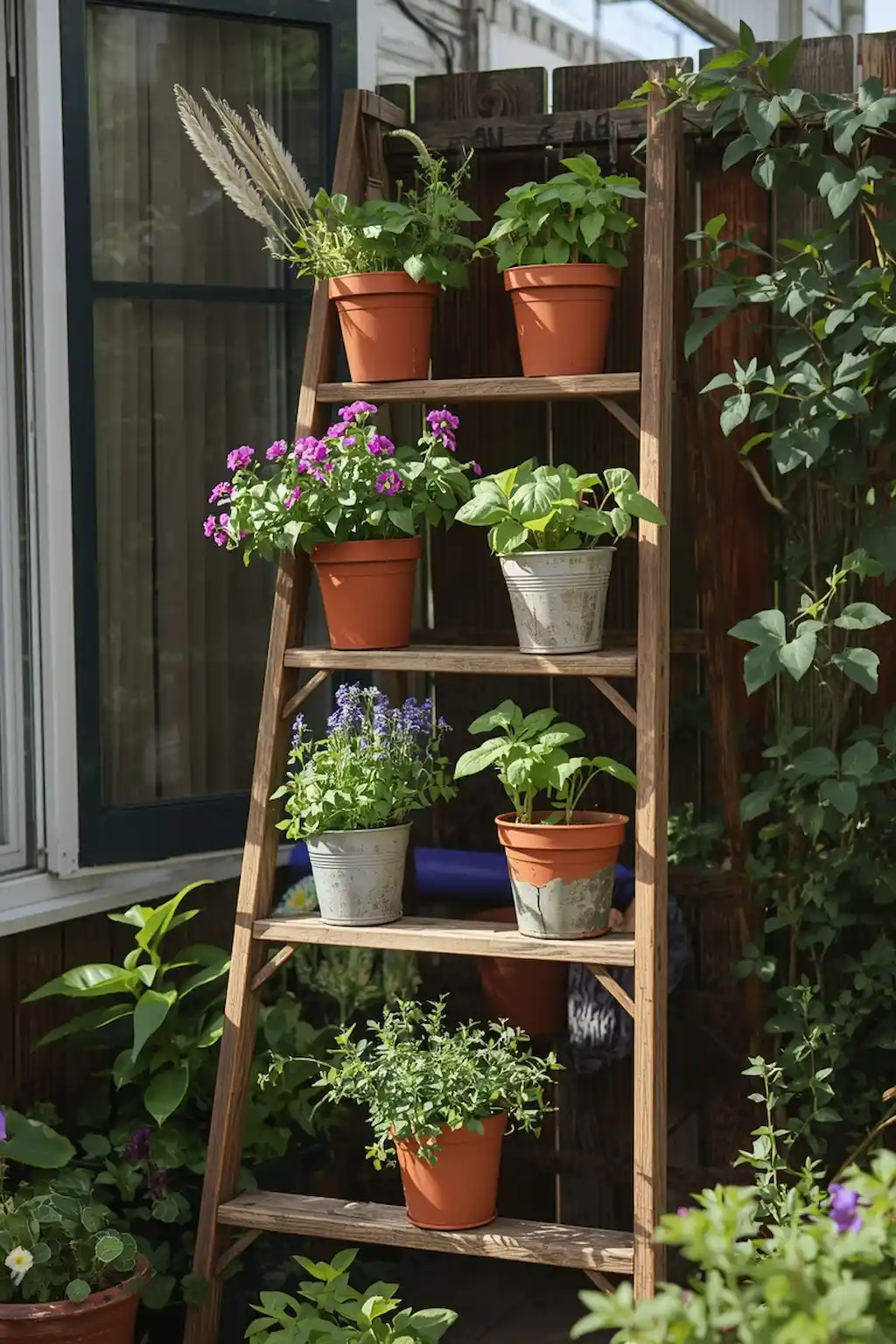 Old ladder reused as a vertical garden plant stand outdoors