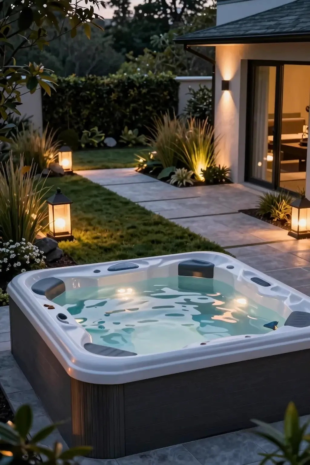 Backyard hot tub with soft landscape lighting and cozy nighttime atmosphere