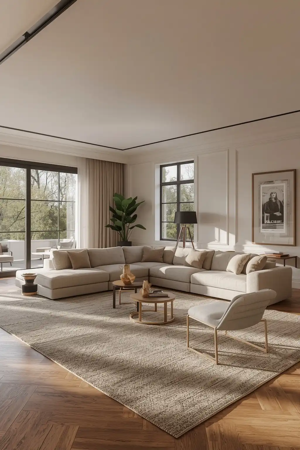 big living room with oversized area rug and cozy furniture layout