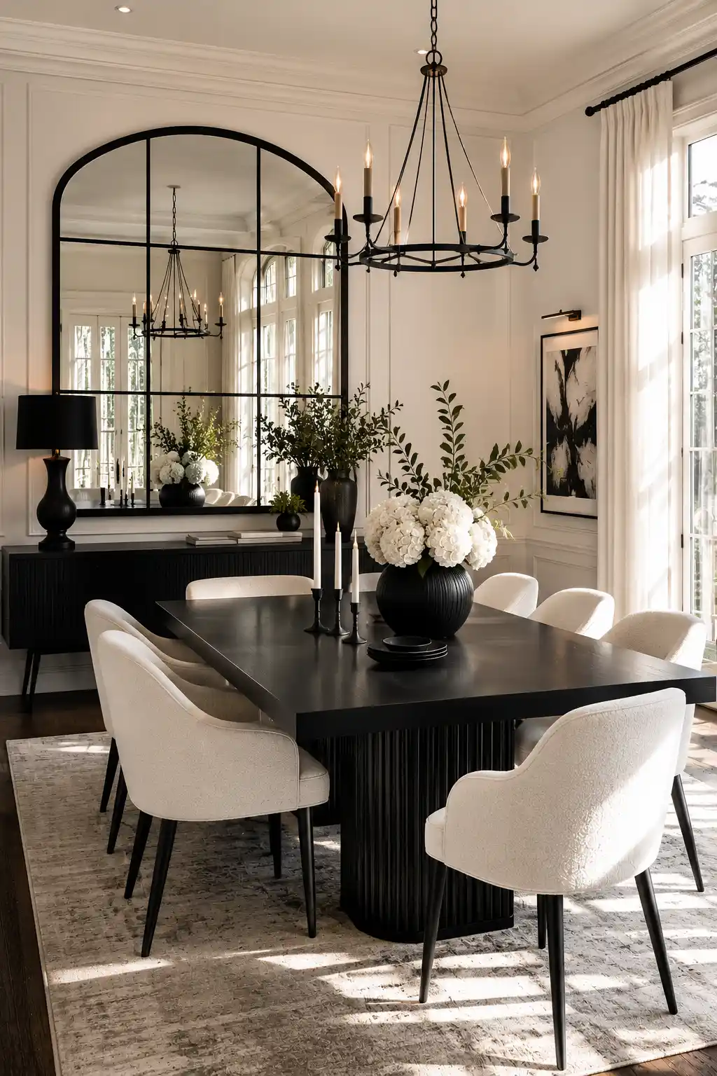 Dining room with large black framed mirror