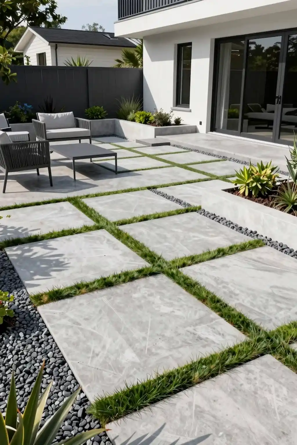 Modern patio with oversized concrete pavers and decorative gravel lines