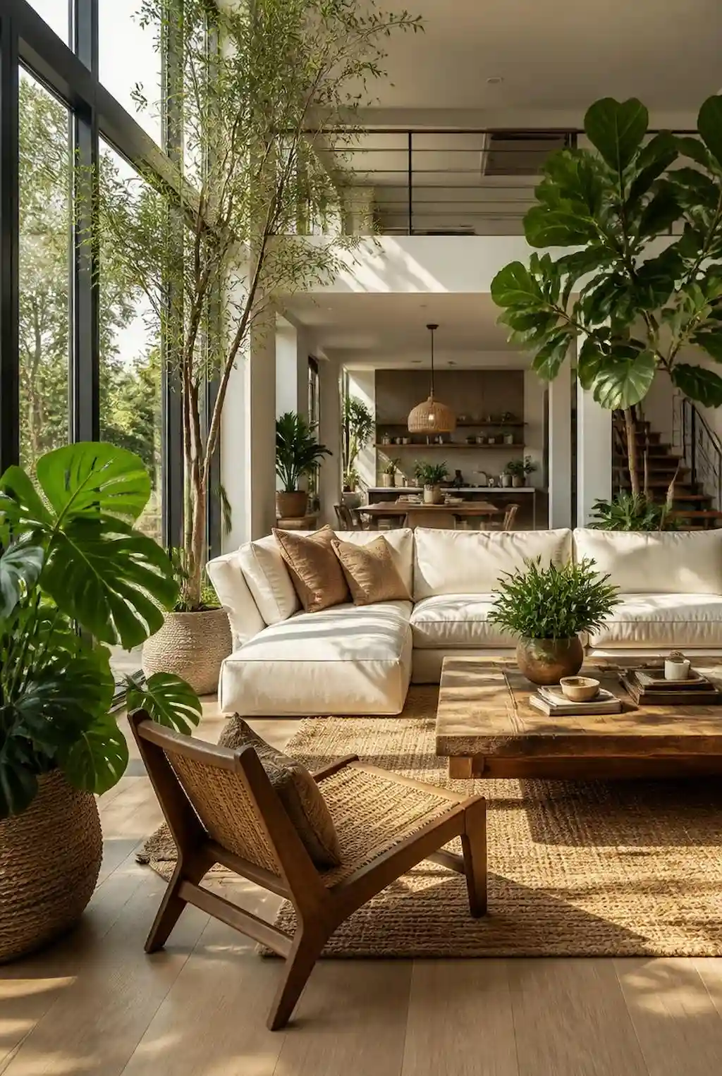 spacious living room decorated with large indoor plants and modern furniture