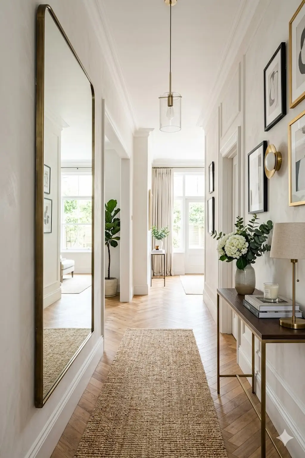 Small hallway with oversized mirror creating spacious look