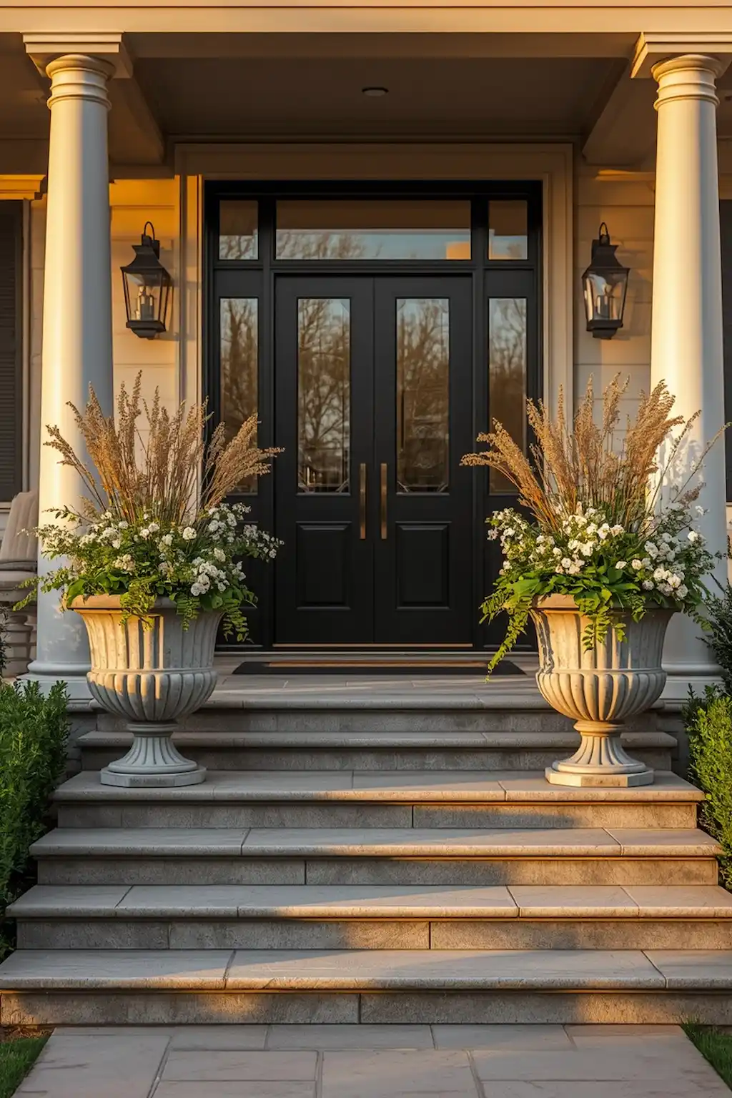Oversized spring planters with blooming flowers by front entrance