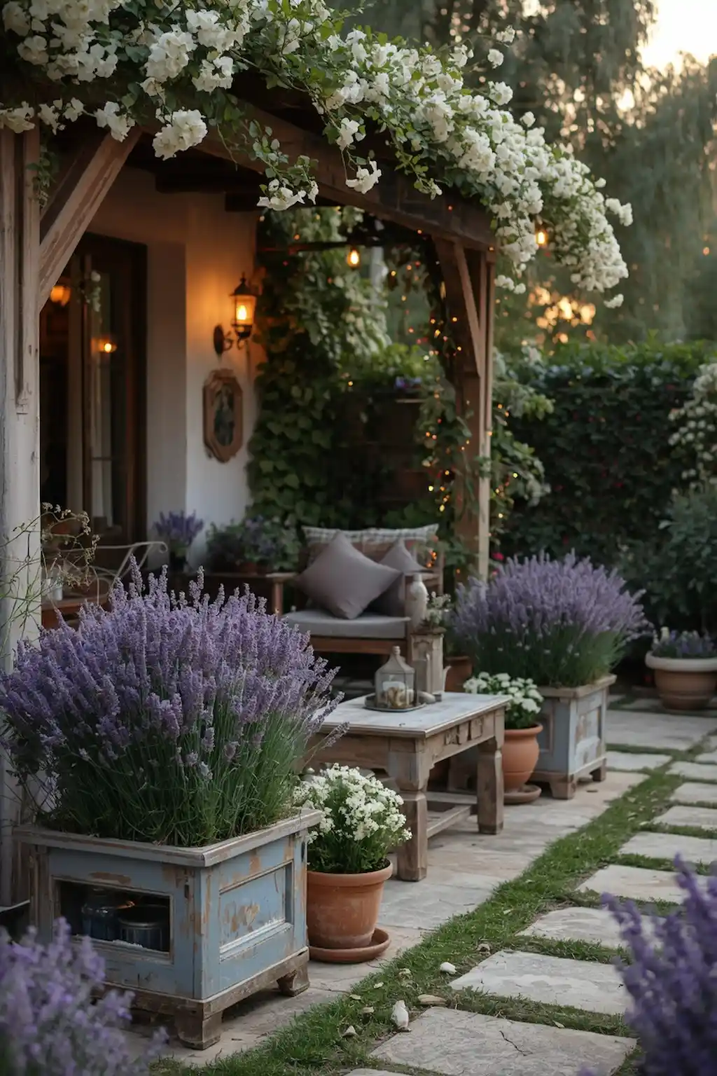 Lavender spring planters with rustic outdoor decor and greenery