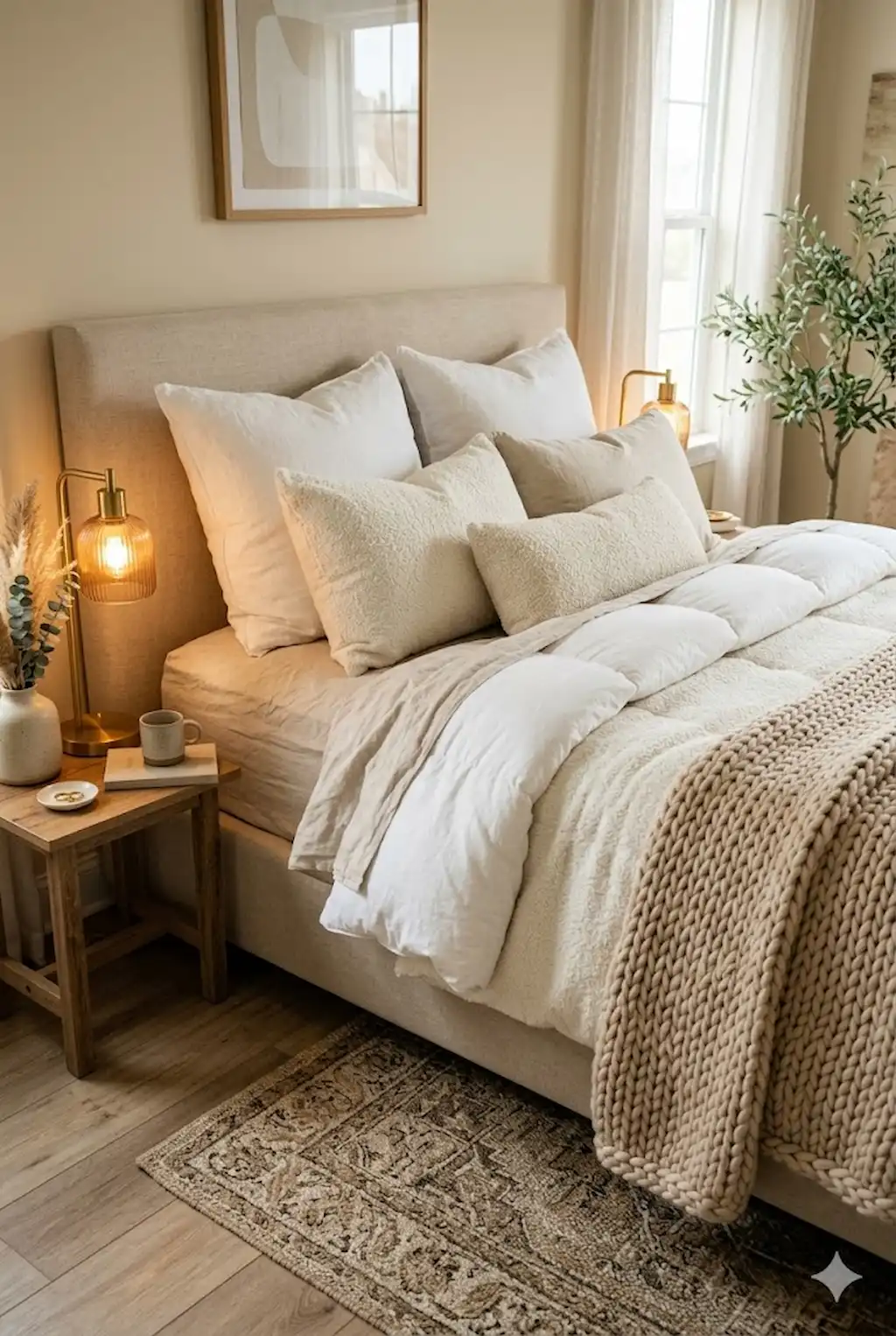 Small cozy bedroom with layered white bedding, chunky knit throw, and oversized pillows