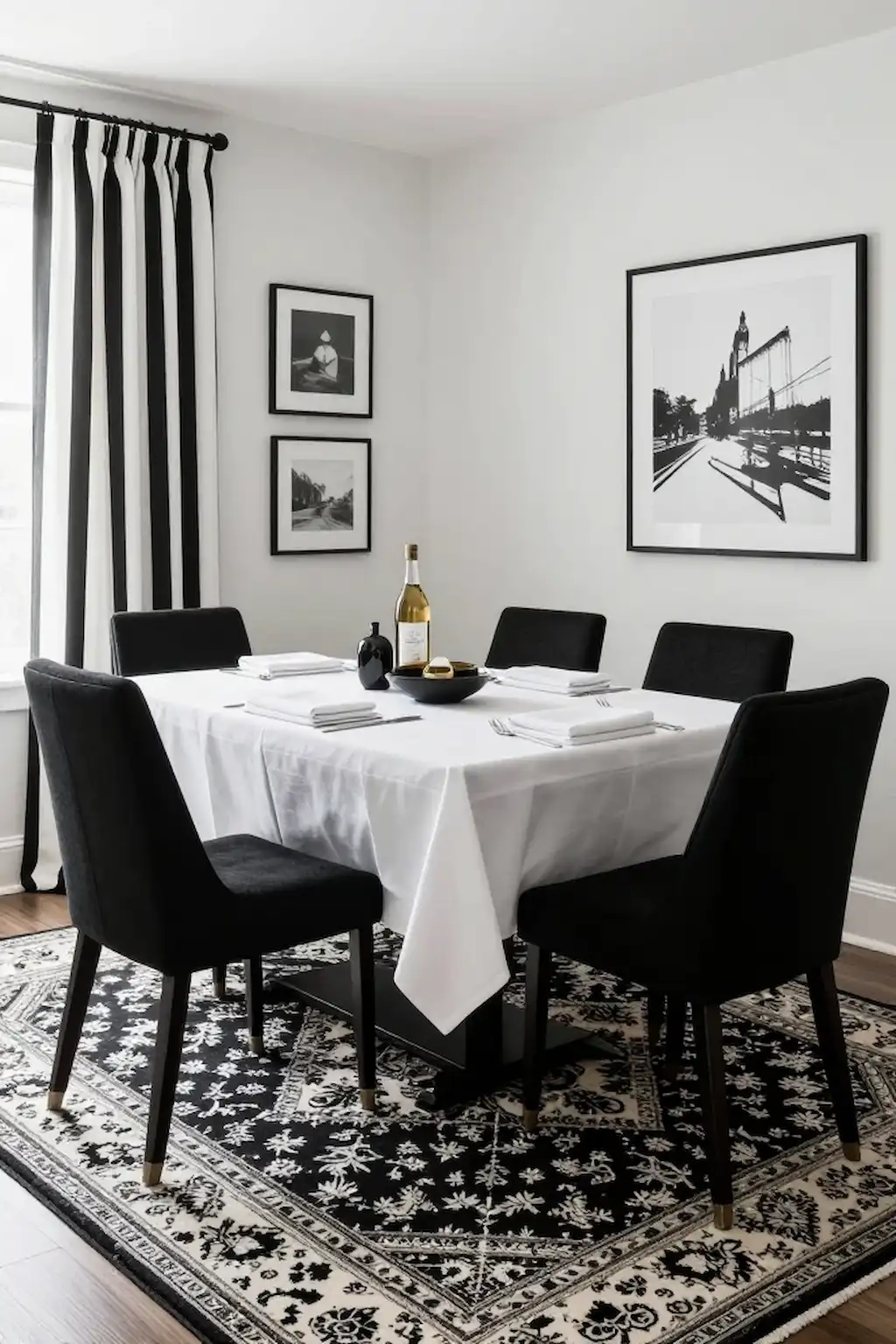 Dining room with black and white rugs curtains and textiles