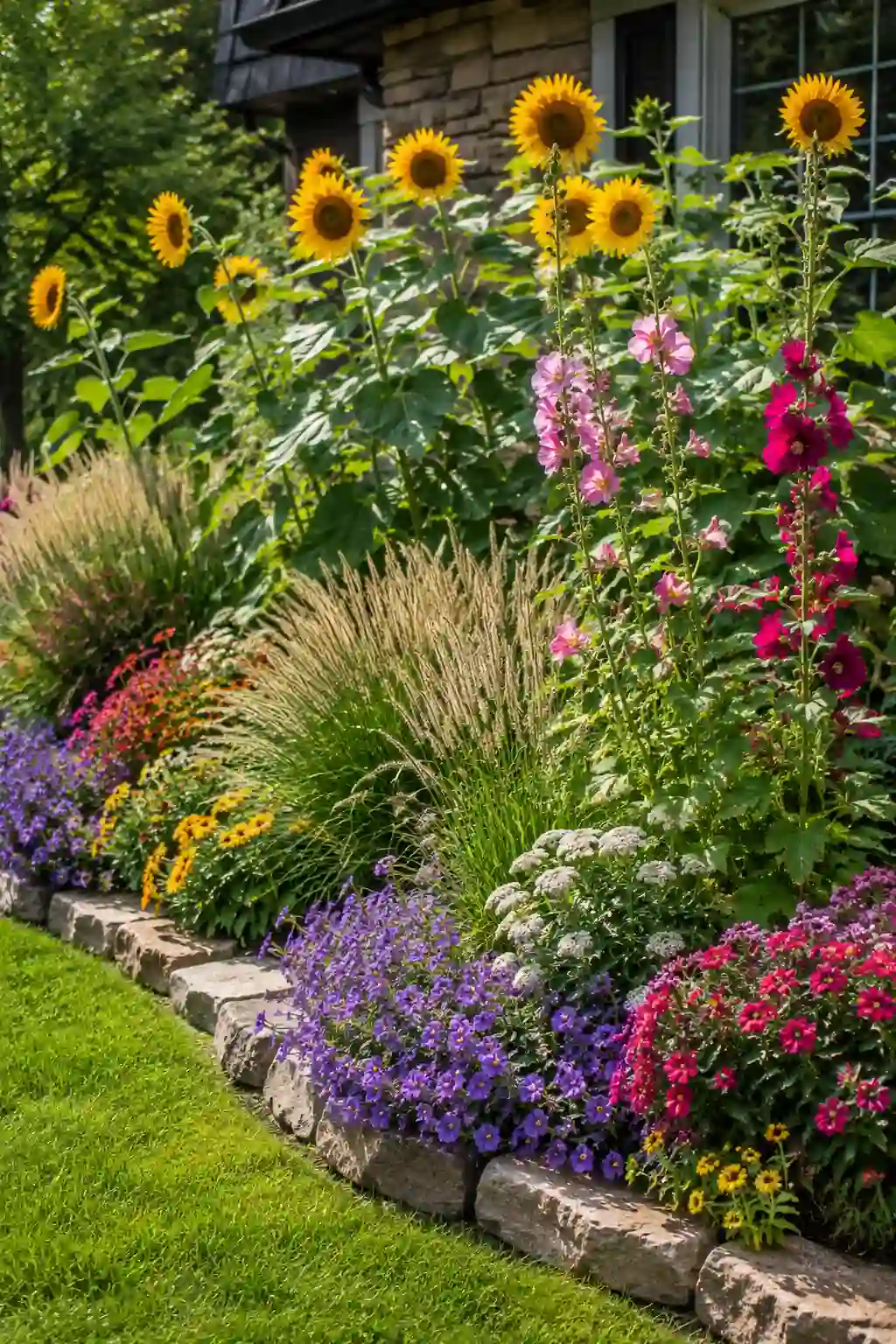 Layered flower bed with tall flowers and colorful front yard landscaping