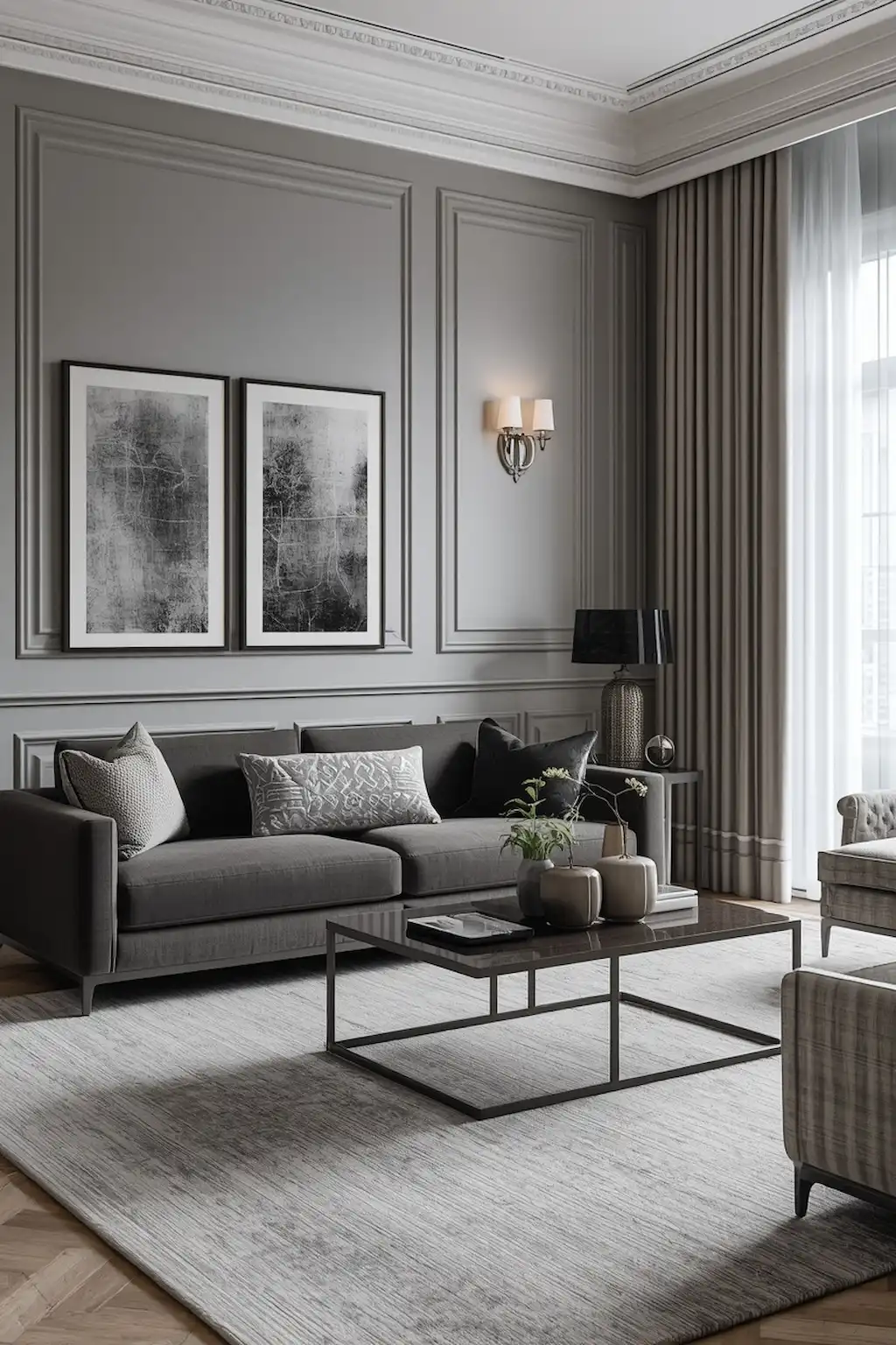 Sophisticated living room with layered shades of grey and luxury decor