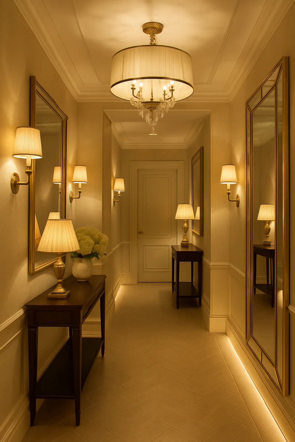 Small hallway with layered lighting and elegant decor