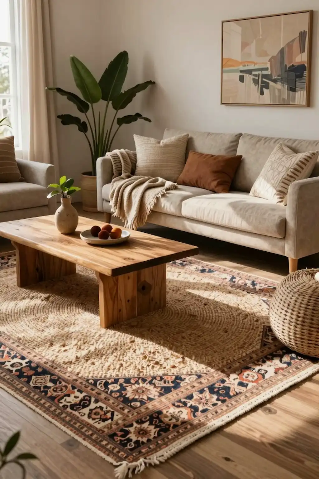 Cozy boho living room with layered rugs and warm earthy decor
