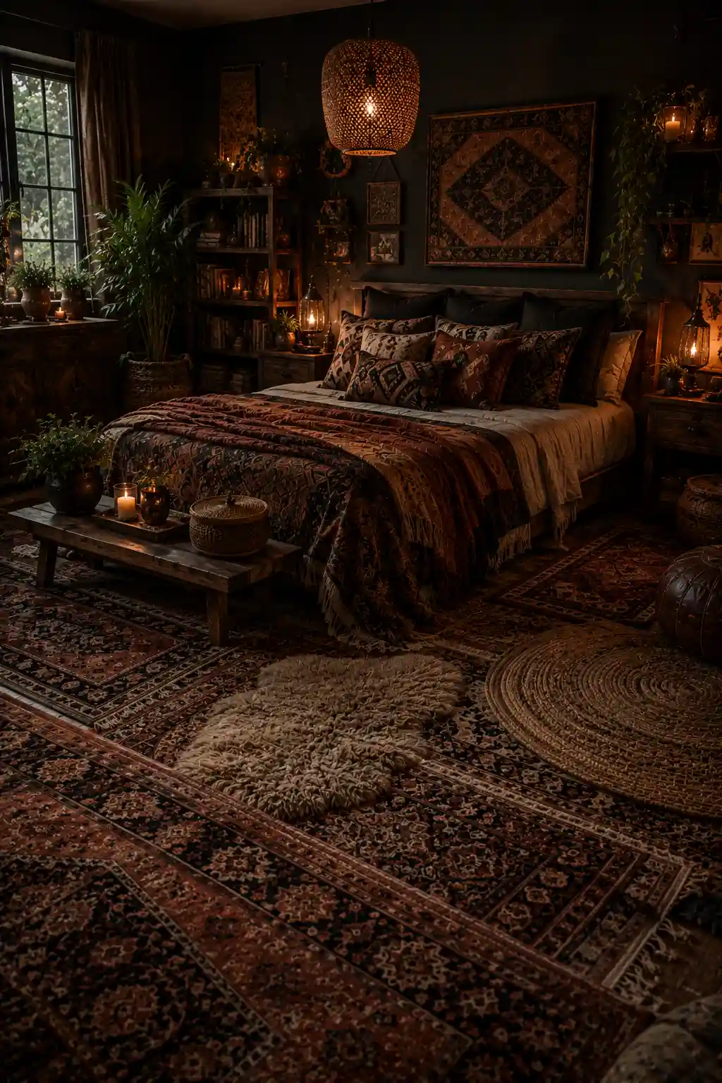 Boho bedroom with layered rugs and cozy textures