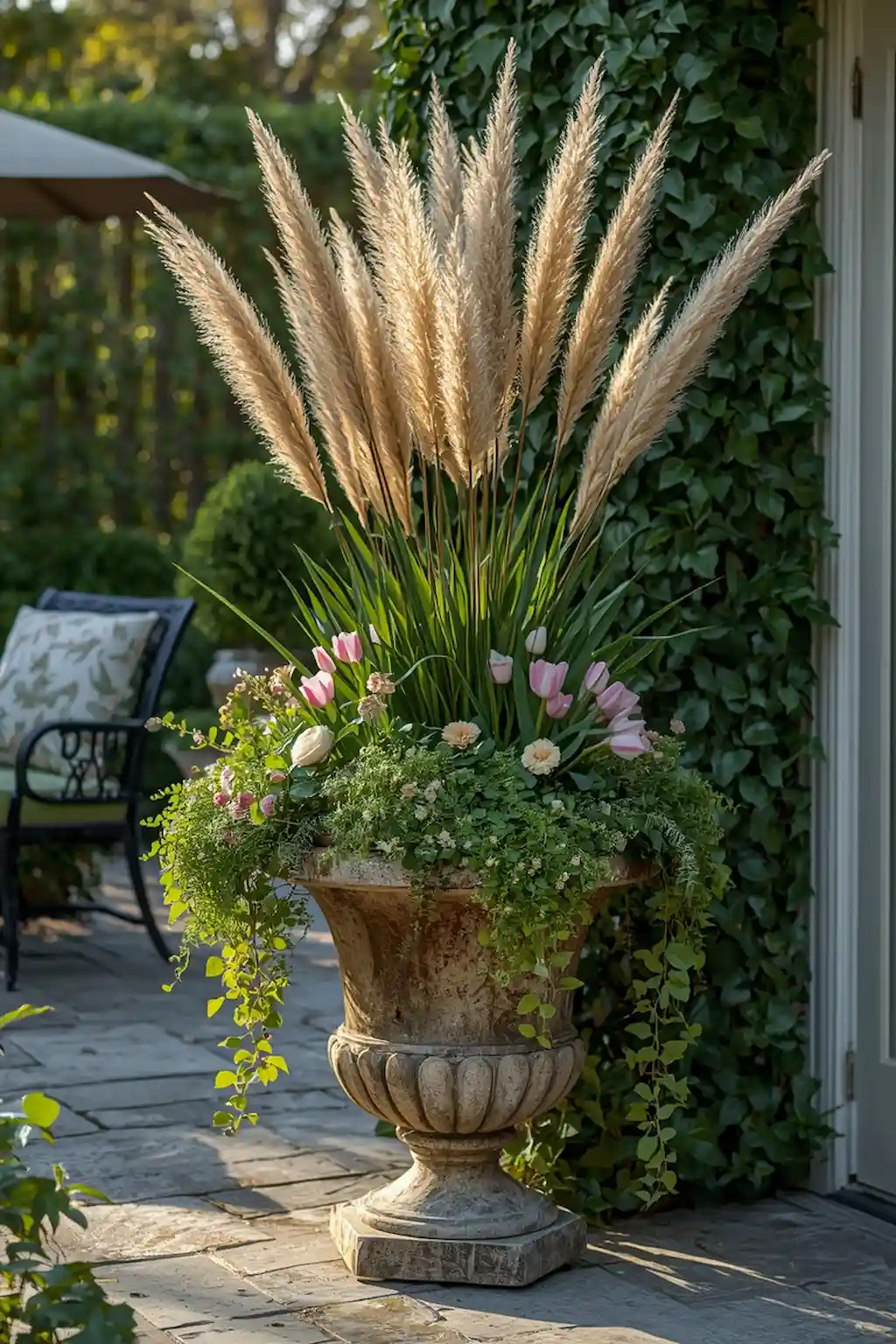 Layered spring planter with tall flowers, greenery, and trailing vines