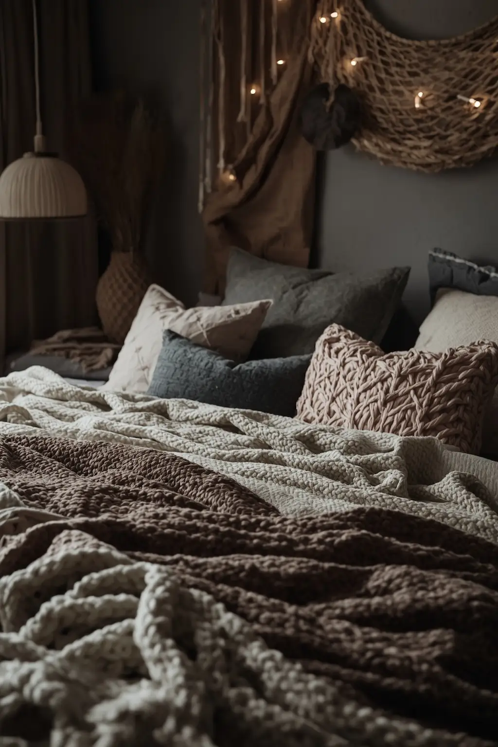 Boho bedroom with layered textiles and cozy atmosphere
