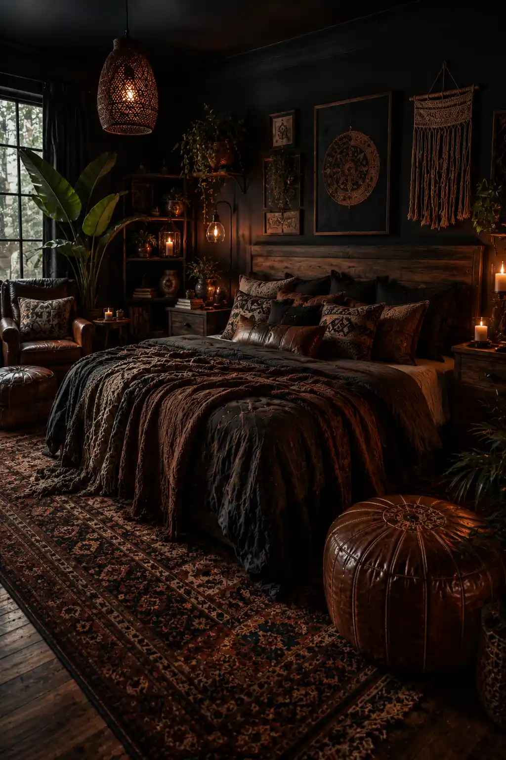 Boho bedroom with leather accents and warm textures