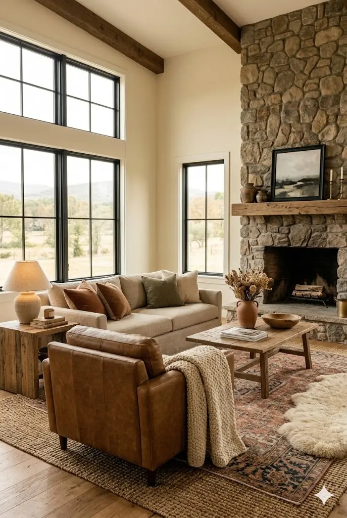 Living room with leather chair and rustic decor